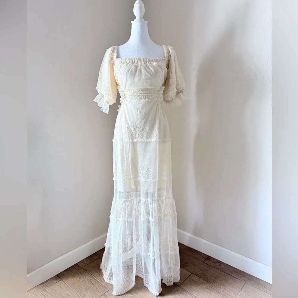 NWT Skylar Rose Off The Shoulder Open Back Boho Tiered Lace Maxi Dress Cream M - Picture 9 of 15